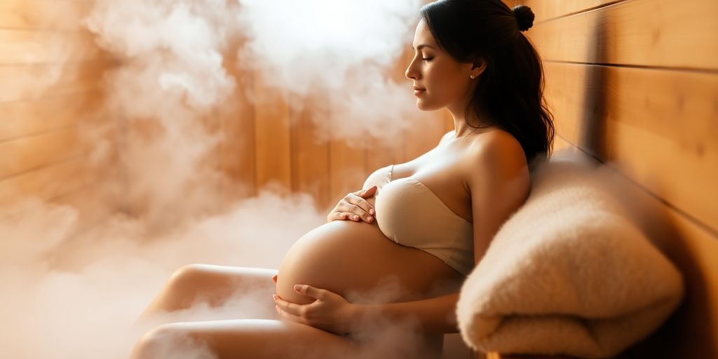 Sauna und Schwangerschaft. Schwangere Frau entspannt in der Sauna, umgeben von Holz.