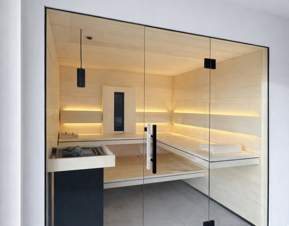 Moderne Sauna mit Glaswand