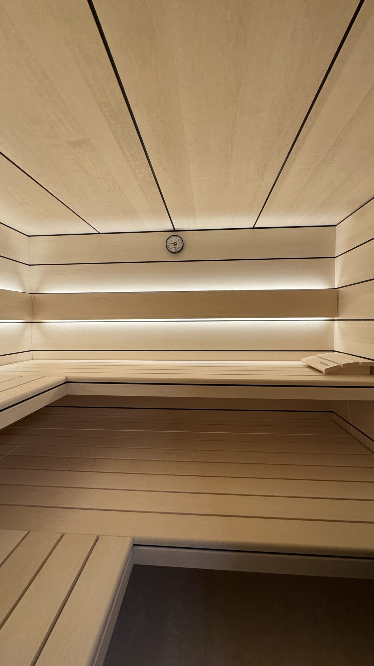 Sauna mit schwarzen Fugen und horizontalen Espe-Paneelen von PLUSGRAD Saunakonzept