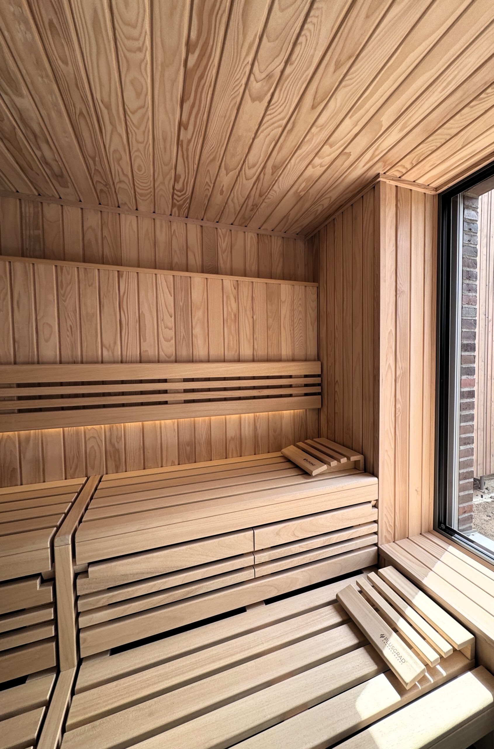 Innenansicht der Sauna mit Weißtanne und Saunabänken aus Abachi
