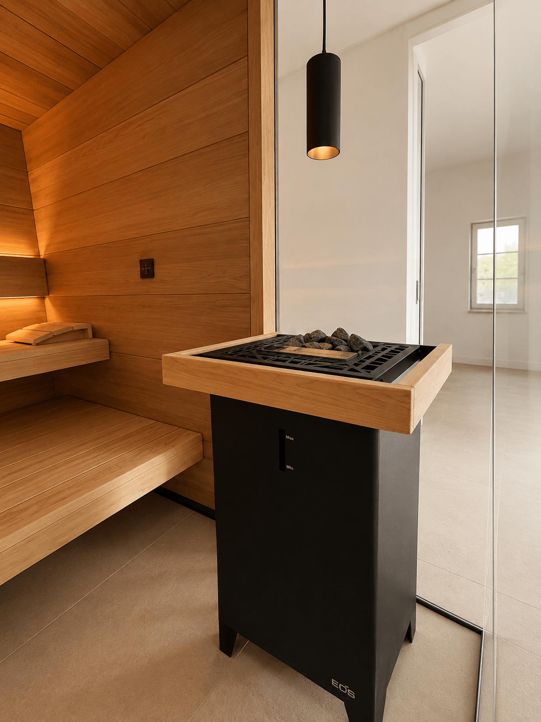 Schwarzer EOS Bi-O Cubo 2 Saunaofen mit Hot Tube Hängeleuchte
